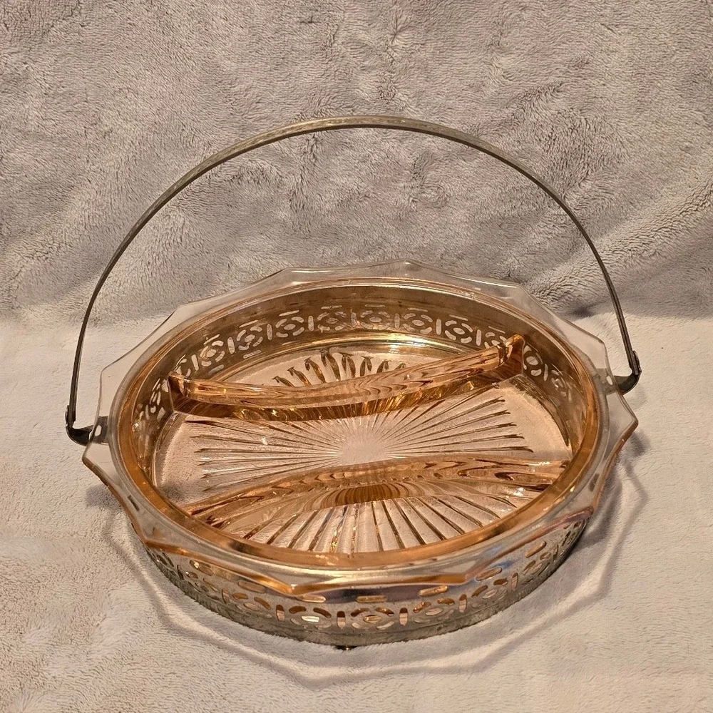 Vintage Pink Depression Glass‎ Divided Relish Dish Silver Filigree Handle Caddy